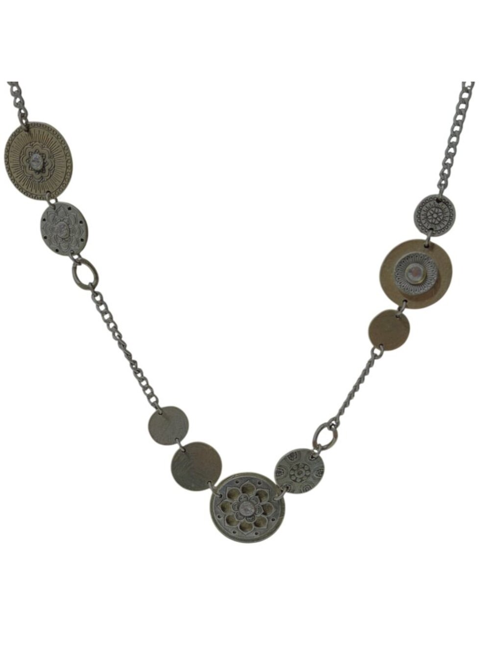 Vintage Boho Mixed Metal Circle Necklace Etched Floral Crystal Accents Jewelry
